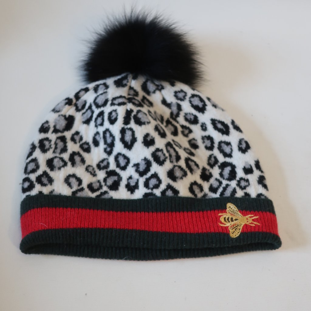 Nwt Womens Tina Demel Multicolor Dyed Fox Fur Animal Print Pompom Beanie Hat Os